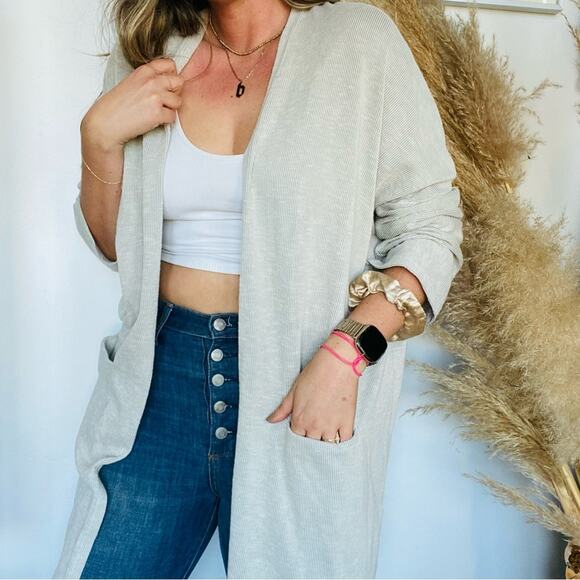 DONNI. ANTHROPOLOGIE Silvery Grey Oversized Long Open Cardi Cardigan Sweater M - Picture 1 of 8